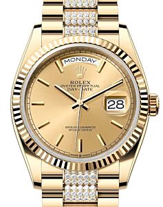 Rolex Day-Date 36 President Yellow Gold Champagne Index Dial Diamond Set Bracelet 128238