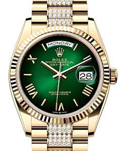 Rolex Day-Date 36 President Yellow Gold Green Ombre Roman Dial Diamond Set Bracelet 128238