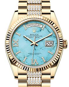 Rolex Day-Date 36 President Yellow Gold Turquoise "Tiffany" Dial Fluted Bezel Diamond Bracelet 128238
