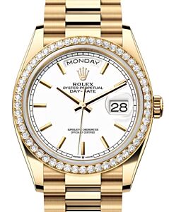 Rolex Day-Date 36 President Yellow Gold White Index Dial Diamond Bezel 128348RBR