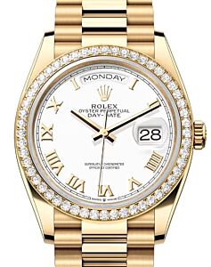Rolex Day-Date 36 President Yellow Gold White Dial Diamond Bezel 128348RBR