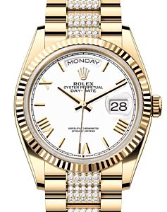 Rolex Day-Date 36 President Yellow Gold White Roman Dial Diamond Set Bracelet 128238