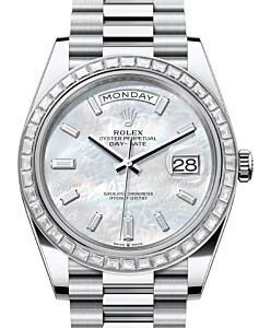 Rolex Day-Date 40 President Platinum White Mother of Pearl Baguette Diamond Dial & Bezel 228396TBR