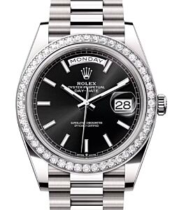 Rolex Day-Date 40 President White Gold Black Index Dial Diamond Bezel 228349RBR