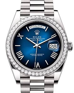 Rolex Day-Date 40 President White Gold Blue Ombre Roman Dial Diamond Bezel 228349RBR