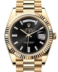 Rolex Day-Date 40 Yellow Gold Black Diamond Dial & Fluted Bezel President Bracelet 228238 - PRE-OWNED