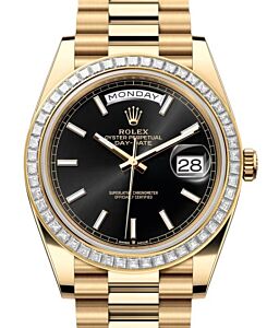 Rolex Day-Date 40 President Yellow Gold Bright Black Index Dial Diamond Bezel 228398TBR