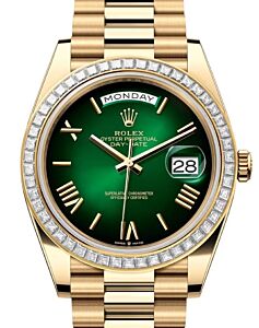Rolex Day-Date 40 President Yellow Gold Green Ombre Roman Dial Diamond Bezel 228398TBR
