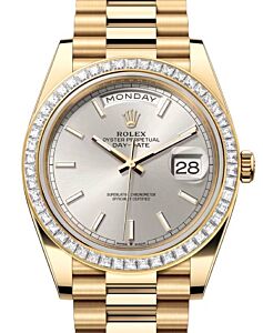 Rolex Day-Date 40 President Yellow Gold Silver Index Dial Diamond Bezel 228398TBR