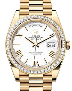 Rolex Day-Date 40 President Yellow Gold White Roman Dial Diamond Bezel 228398TBR
