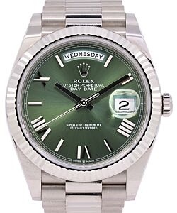 Rolex Day-Date 40 President White Gold Olive Green Roman Dial 228239 - PRE-OWNED