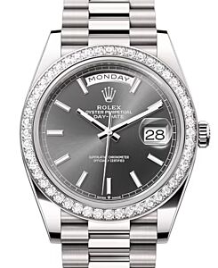 Rolex Day-Date 40 President White Gold Slate Index Dial Diamond Bezel 228349RBR