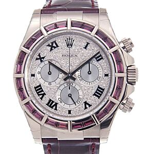 Rolex Daytona White Gold Diamond Paved Dial & Red Ruby Bezel Leather Strap 116589SALV