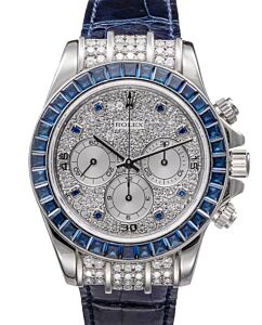Rolex Daytona White Gold Diamond Paved Blue Sapphires Dial & Bezel Leather Strap 16599SA