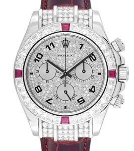Rolex Daytona White Gold Diamond Paved Dial & Four Red Ruby Bezel Leather Strap 116599RU