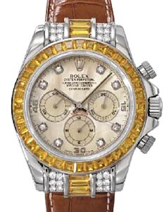 Rolex Daytona White Gold/Diamonds Baguette Orange Sapphires Bezel 16559SACO
