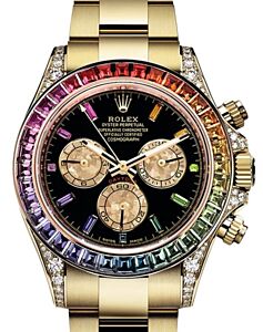 Rolex Daytona Yellow Gold Black Gem Dial & Rainbow Sapphire Bezel Diamond Set Case 116598RBOW - BRAND NEW
