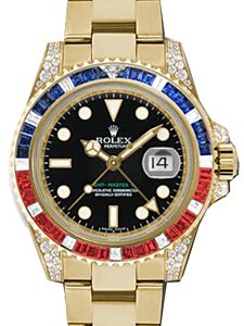 Rolex GMT-Master  II Yellow Gold Black Dial Diamond & Sapphire Bezel 116758SARU