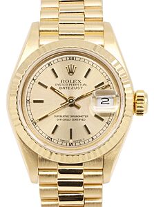 Rolex Lady-Datejust 26 Yellow Gold Champagne Index Dial Fluted Bezel President Bracelet 69178 - PRE-OWNED