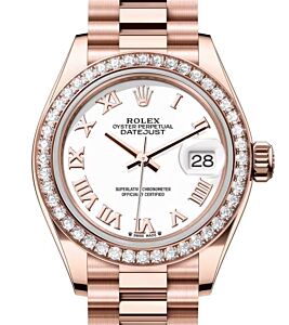 Rolex Lady Datejust 28 Rose Gold White Roman Dial & Diamond Bezel President Bracelet 279135RBR - BRAND NEW