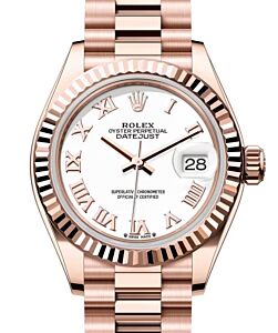 Rolex Lady Datejust 28 Rose Gold White Roman Dial & Fluted Bezel President Bracelet 279175 - BRAND NEW