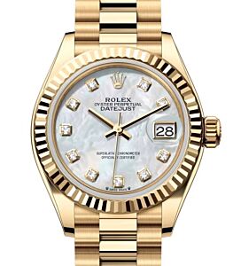 Rolex Lady Datejust 28 Yellow Gold White Mother of Pearl Diamond Dial & Fluted Bezel President Bracelet 279178 - BRAND NEW