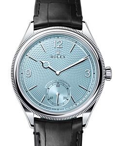 Rolex Perpetual 1908 Platinum Ice Blue Dial Domed/Fluted Bezel Black Leather Strap 52506