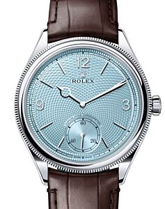 Rolex Perpetual 1908 Platinum Ice Blue Dial Domed/Fluted Bezel Brown Leather Strap 52506