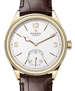 Rolex Perpetual 1908 Yellow Gold White Dial Domed/Fluted Bezel Alligator Leather Strap 52508 - BRAND NEW
