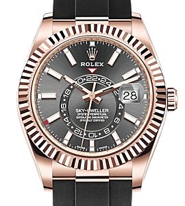 Rolex Sky-Dweller Rose Gold Dark Rhodium Index Dial Fluted Bezel Rubber Strap 326235 - PRE-OWNED