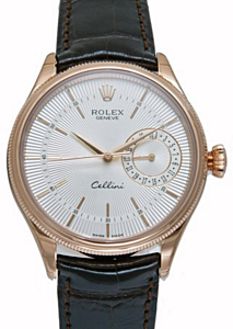 Rolex Cellini Date 50515-SLV Silver Guilloche Index Rose Gold Brown Leather 