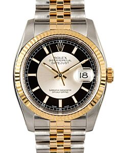 Rolex Datejust 36 Yellow Gold & Steel Black and Silver Index "Tuxedo" Fluted Bezel Jubilee Bracelet 116233