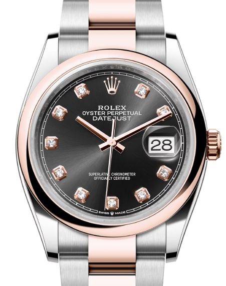 Rolex Datejust 36 Rose Gold Steel Black Diamond Dial Domed Bezel Oyster Bracelet 126201 BRAND NEW