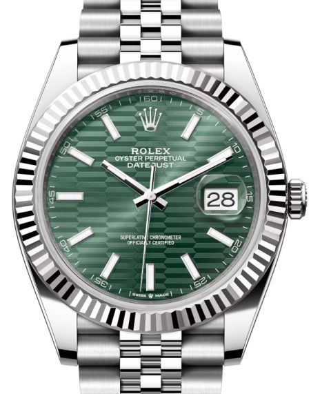 Rolex Datejust 41 White Gold Steel Mint Green Fluted Motif Index Dial Fluted Bezel Jubilee Bracelet 126334 BRAND NEW