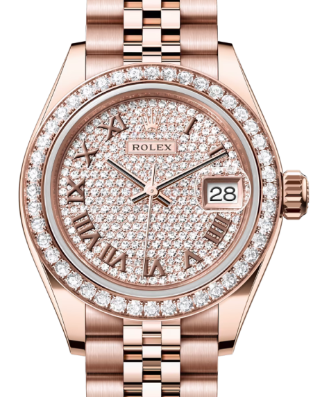 Rolex Lady Datejust 28 Rose Gold Diamond Paved Roman Dial Diamond Bezel Jubilee Bracelet 279135RBR BRAND NEW
