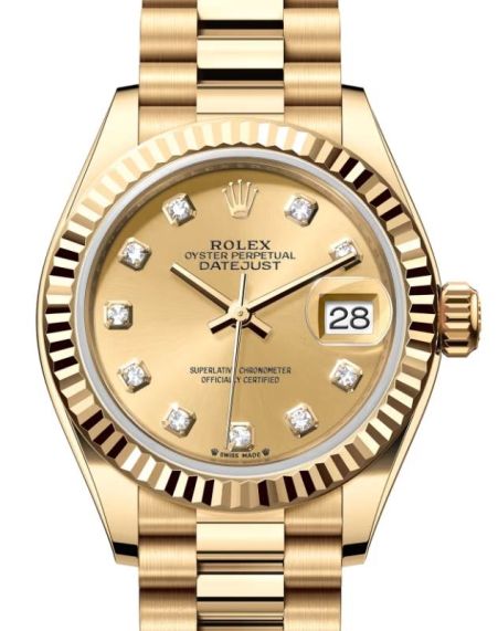 Rolex Lady Datejust 28 Yellow Gold Champagne Diamond Dial Fluted Bezel President Bracelet 279178 BRAND