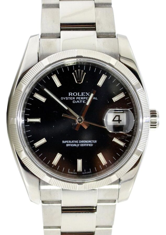Rolex Oyster Perpetual Date 34 Stainless Steel Black Index Dial & Engine-Turned Bezel Oyster Bracelet 115210