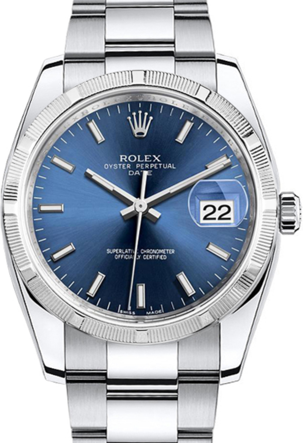Rolex Oyster Perpetual Date 34 Stainless Steel Blue Index Dial & Engine-Turned Bezel Oyster Bracelet 115210
