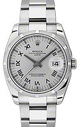 Rolex Oyster Perpetual Date 34 Stainless Steel Silver Roman Dial & Engine-Turned Bezel Oyster Bracelet 115210