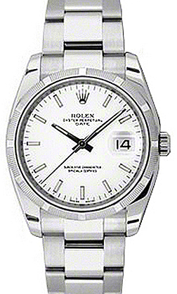 Rolex Oyster Perpetual Date 34 Stainless Steel White Index Dial & Engine-Turned Bezel Oyster Bracelet 115210 