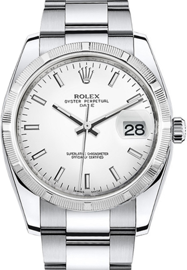 Rolex Oyster Perpetual Date 34 Stainless Steel White Index Dial & Engine-Turned Bezel Oyster Bracelet 115210