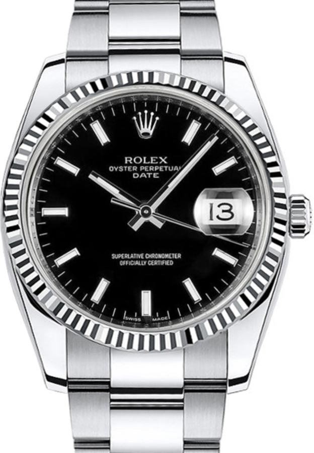 Rolex Oyster Perpetual Date 34 White Gold/Steel Black Index Dial & Fluted Bezel Oyster Bracelet 115234