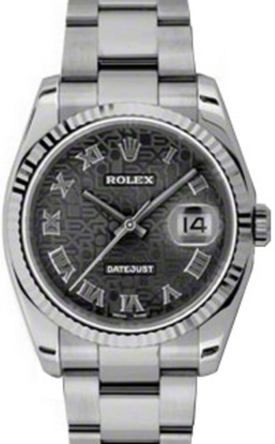 Rolex Datejust 36 116234-BKJRFO Black Jubilee Dial Roman Fluted White Gold Stainless Steel Oyster 