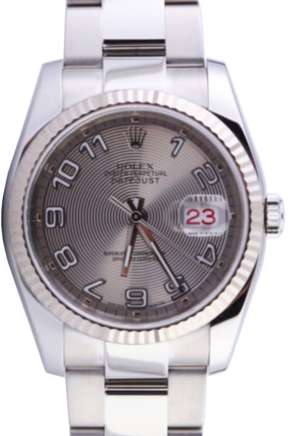 Rolex Datejust 36 116234-SVCAFO Silver Concentric Arabic Fluted White Gold Stainless Steel Oyster
