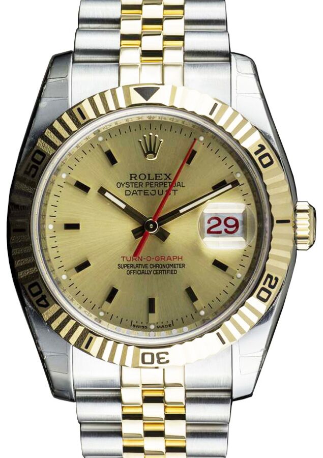 Rolex Datejust 36 Yellow Gold/Steel Champagne Index Dial & Turn-O-Graph Thunderbird Bezel Jubilee 116263