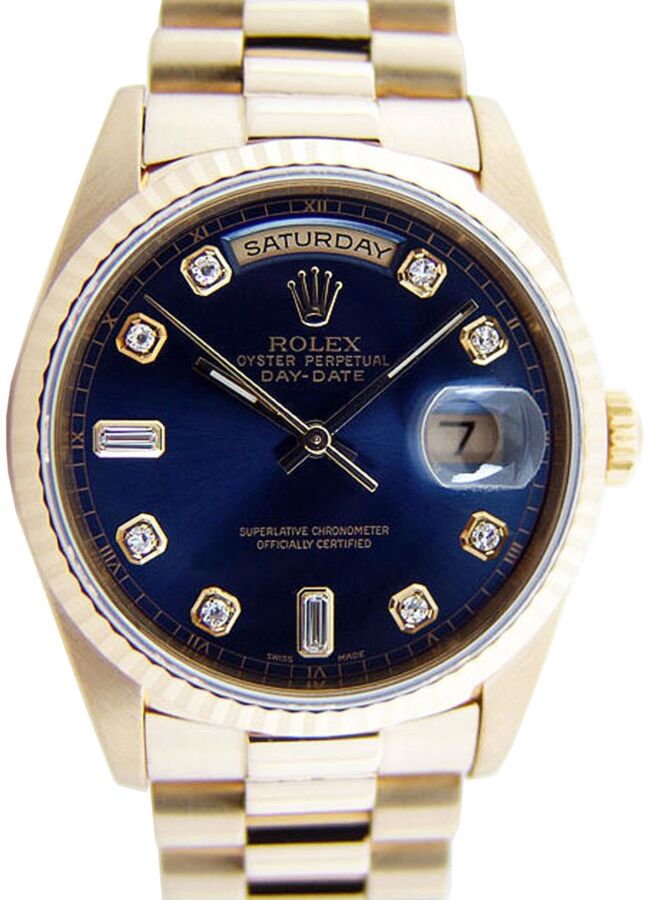 Rolex Day-Date 36 118238-BLUDFP Blue Diamond Fluted Yellow Gold President