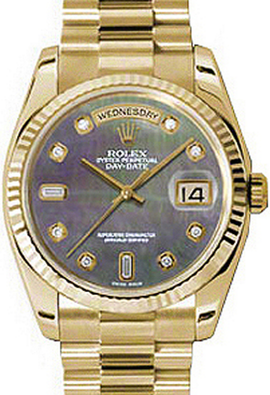 Rolex Day-Date 36 118238-DMOPDFP Dark Mother of Pearl Diamond Fluted Yellow Gold President