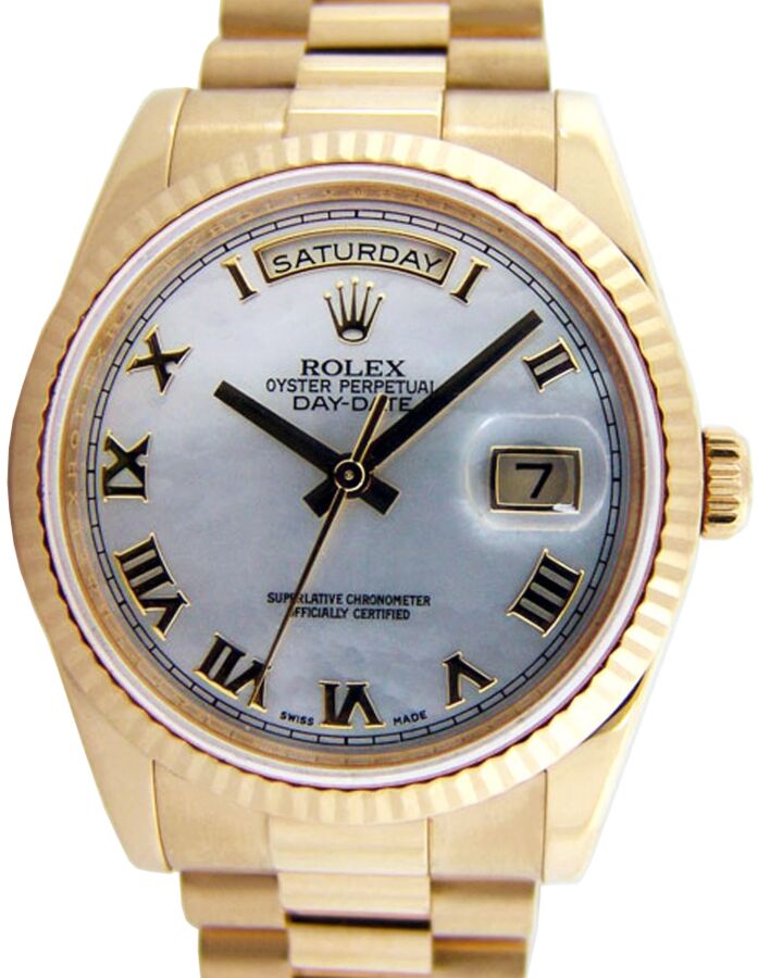 Rolex Day-Date 36 White Mother of Pearl Roman Fluted Yellow Gold President 118238