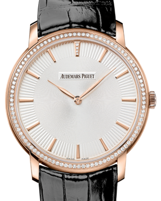 Audemars Piguet 15182OR.ZZ.A102CR.01 Jules Audemars Extra-Thin 41mm Silver Index Diamond Bezel Rose Gold Leather BRAND NEW