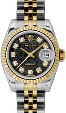 Rolex Lady-Datejust 26 179173-BLKJDJ Black Jubilee Diamond Fluted Yellow Gold Stainless Steel Jubilee 